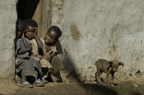 Ugandan children study visitors to Bwindi National Park