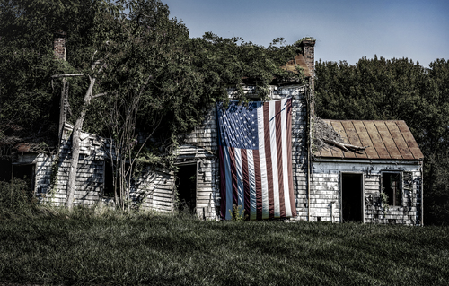 Weathered Cabin and Flag