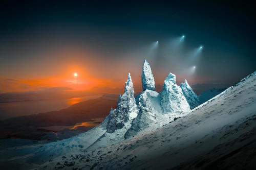 Moonrise Sprites Over Storr