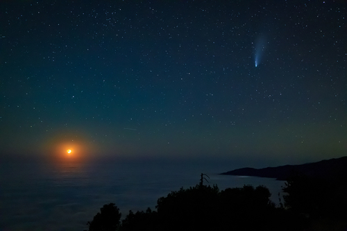 Neowise Comet Over Big Sur with Setting Quarter Moon