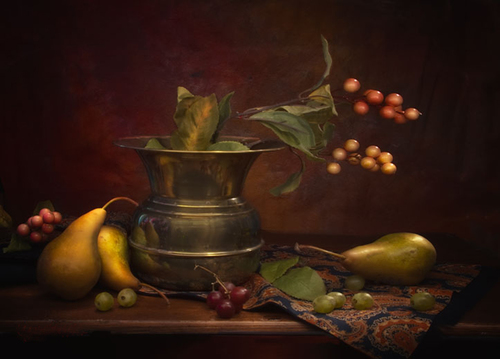 brass vase, pears and grapes