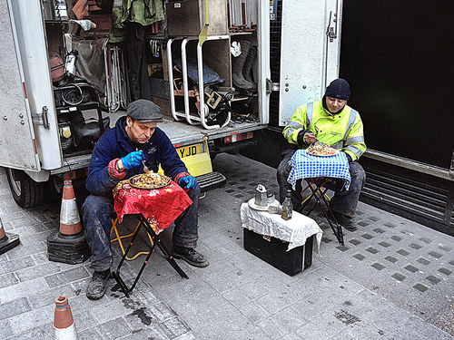 Italian Telecom workers dining al fresco in Soho, London