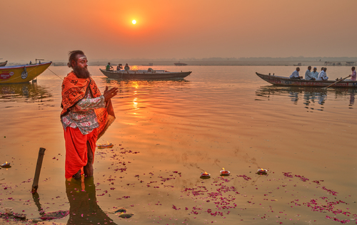 Holy prayer on the Ganges in the morning